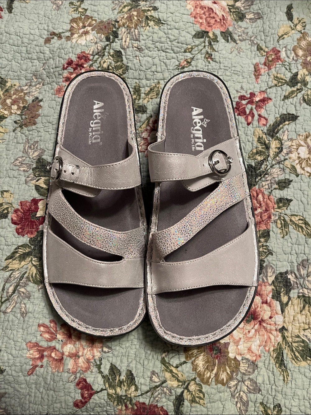 Alegria Women's Silver Holographic Strap Comfort Sandals
